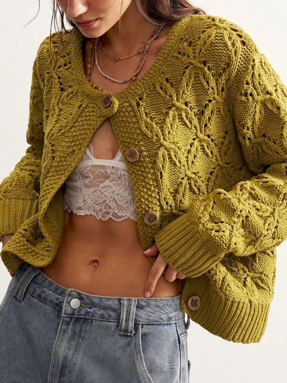 Green Casual Women's Heavy-Duty Hollow Knit Cardigan - Picture 7 of 9